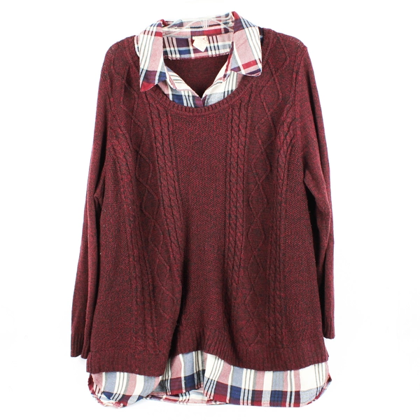 Faded Glory Burgundy Knit Sweater Fake Collared Shirt Women's 3X 22W-24W