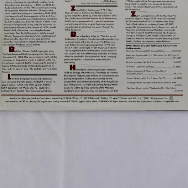 Zubin Mehta New York Philharmonic Beethoven Symphony No. 5 & 8 Vinyl LP