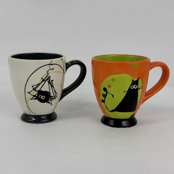 Lot of 2 Tag Halloween Pattern Footed Coffee Cups Retro Style