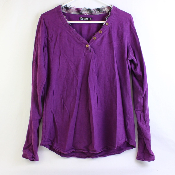 Cruel Purple V-Neck Faux Button Henley Top Women's XL