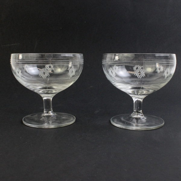 Vintage Set of 2 Single Scoop Glass Footed Ice Cream Dishes with Etching Pattern