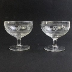 Vintage Set of 2 Single Scoop Glass Footed Ice Cream Dishes with Etching Pattern