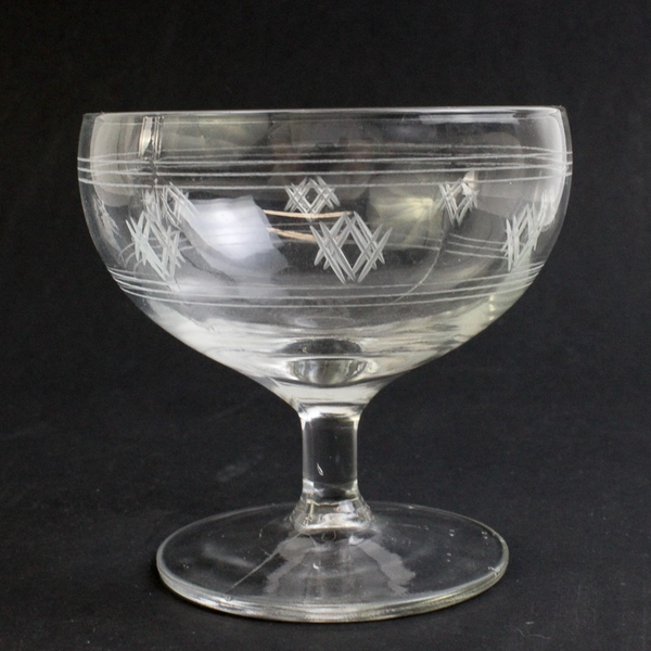 Vintage Set of 2 Single Scoop Glass Footed Ice Cream Dishes with Etching Pattern