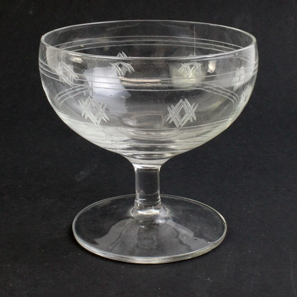 Vintage Set of 2 Single Scoop Glass Footed Ice Cream Dishes with Etching Pattern
