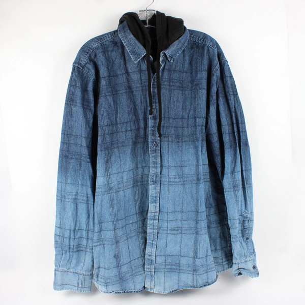 American Rag Men's 100% Cotton Blue Denim Button Up Jacket With Black Hood