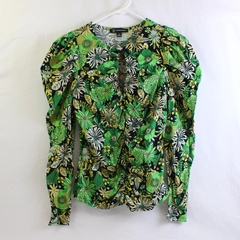 INC International Concepts Ruched Spring Green Floral Long-Sleeve Top Women's M