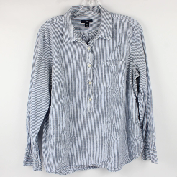 Gap Women's Half Button Up Long Sleeve Blue Whited Striped Size L 100% Cotton