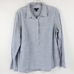 Gap Women's Half Button Up Long Sleeve Blue Whited Striped Size L 100% Cotton