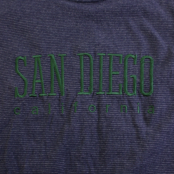 VTG Custom Threads Embroidered San Diego CA Navy Blue Striped T-Shirt Men's XL