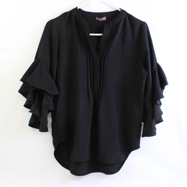 Vince Camuto Black Flutter Half-Sleeve V-Neck Blouse Women's Size XS