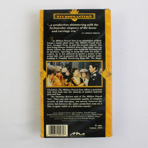 The Million Pound Note VHS Tape 1954 Morningstar Entertainment Gregory Peck