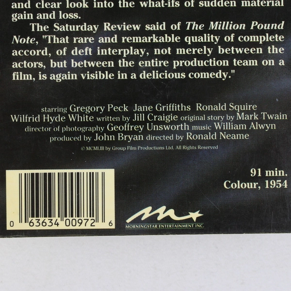 The Million Pound Note VHS Tape 1954 Morningstar Entertainment Gregory Peck