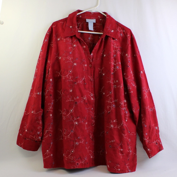 Liz & Me Floral Embroidered Red Button-Up Women's Size 2X 22/24