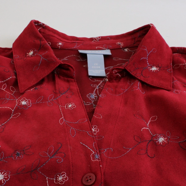 Liz & Me Floral Embroidered Red Button-Up Women's Size 2X 22/24