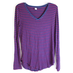 Old Navy Magenta & Navy Blue Striped Long-Sleeve V-Neck Shirt Women's Medium