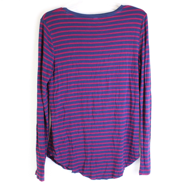 Old Navy Magenta & Navy Blue Striped Long-Sleeve V-Neck Shirt Women's Medium