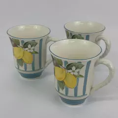 3 Mikasa Studio Kraft Sunshine Medley Coffee Cups Blue And White W/ Lemons