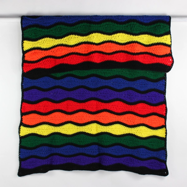 Handmade Knitted Rainbow & Black Throw Blanket 50" x 66.5"