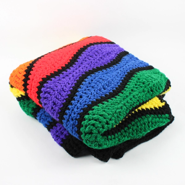 Handmade Knitted Rainbow & Black Throw Blanket 50" x 66.5"