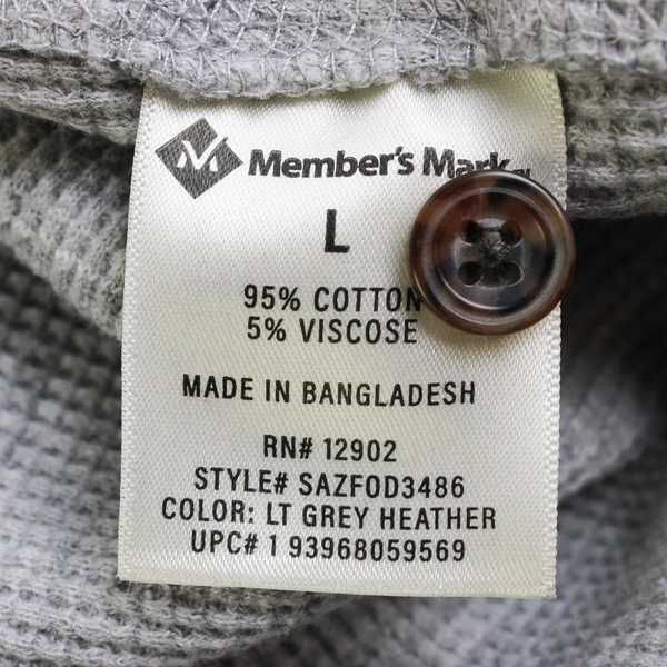 Member's Mark Gray Soft Wash Thermal Waffle Knit Shirt Men's Large