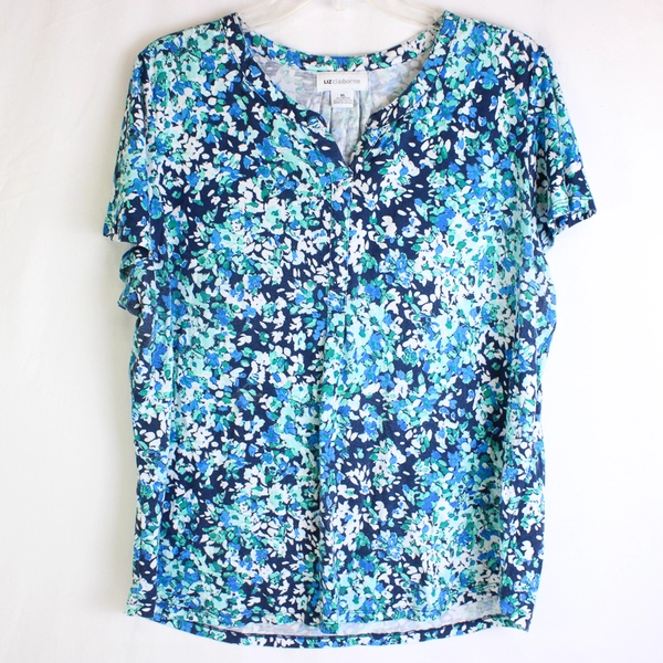 Liz Claiborne Blue and Green Floral T-Shirt Women's Size XL