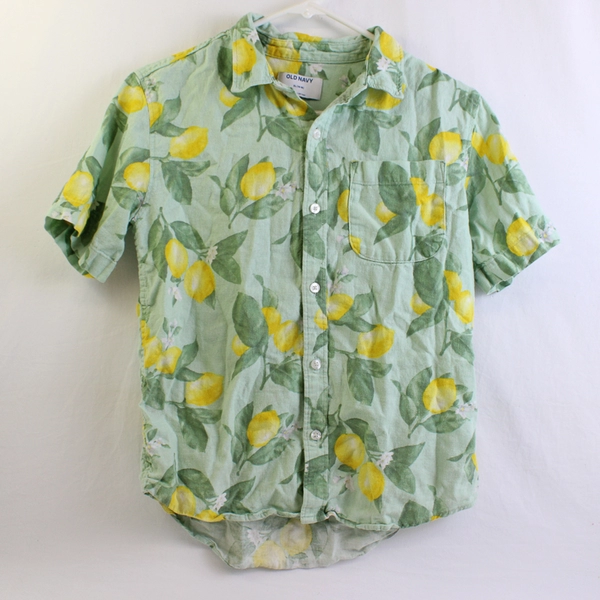 Old Navy Green and Yellow Lemon Print Button-Up Boys' Size XL 14-16