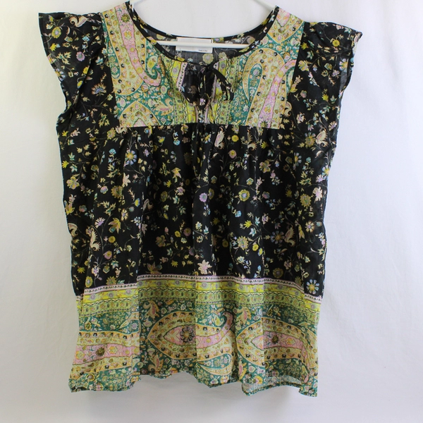 Self Contrast Floral Blouse with Tie Neckline Women's Size Large