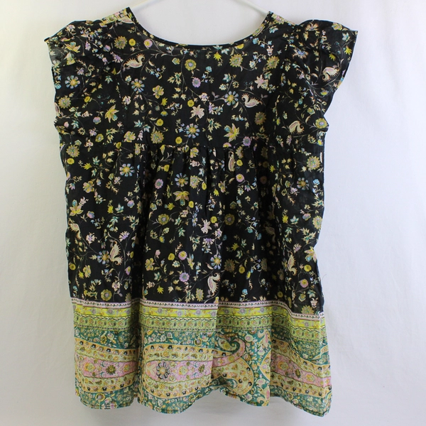 Self Contrast Floral Blouse with Tie Neckline Women's Size Large