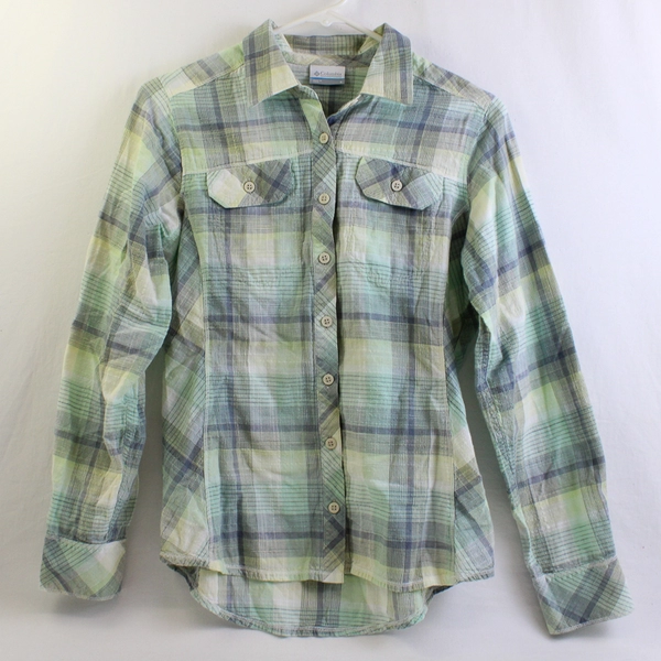 Columbia Women's S Light Green Plaid Button-up Long Sleeve