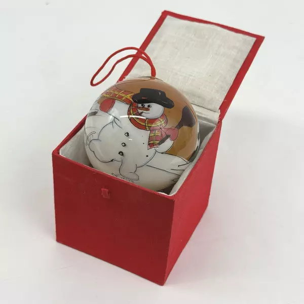 Inside Art Glass Blown Ornament Snowman Sledding Christmas in Box