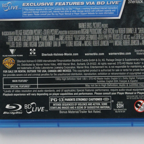 Sherlock Holmes 2009 Blu-Ray Disc Starring Robert Downey Jr. Jude Law