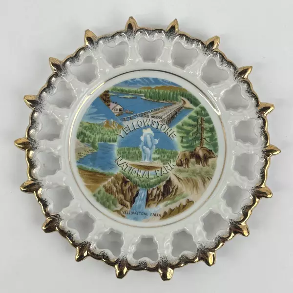 Yellowstone National Park Souvenir Plate Pierced Rim Gold Edge