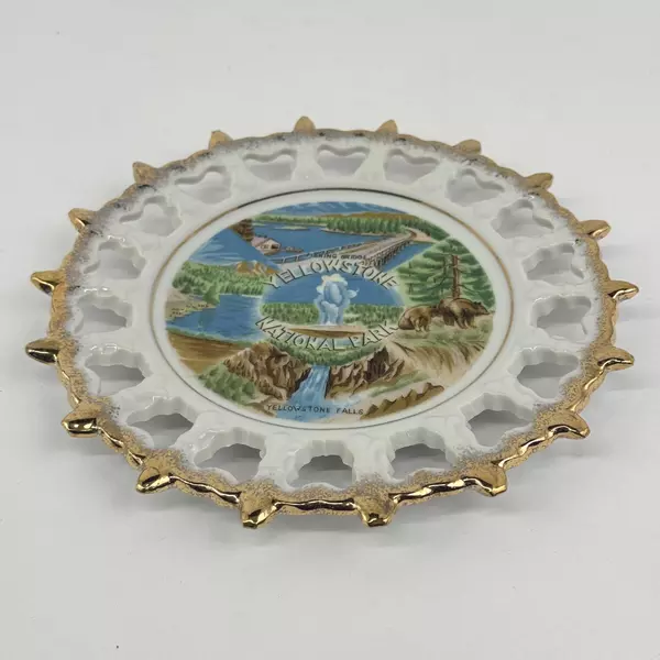 Yellowstone National Park Souvenir Plate Pierced Rim Gold Edge