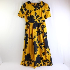 Who What Wear Navy Blue and Yellow Floral Fit and Flare Midi Dress Women's XS