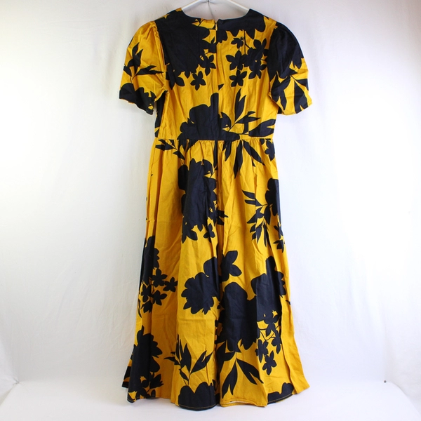 Who What Wear Navy Blue and Yellow Floral Fit and Flare Midi Dress Women's XS