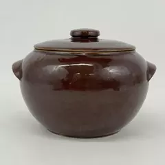 Vintage Brown Bean Pot  Made in USA With Double Handles Lid