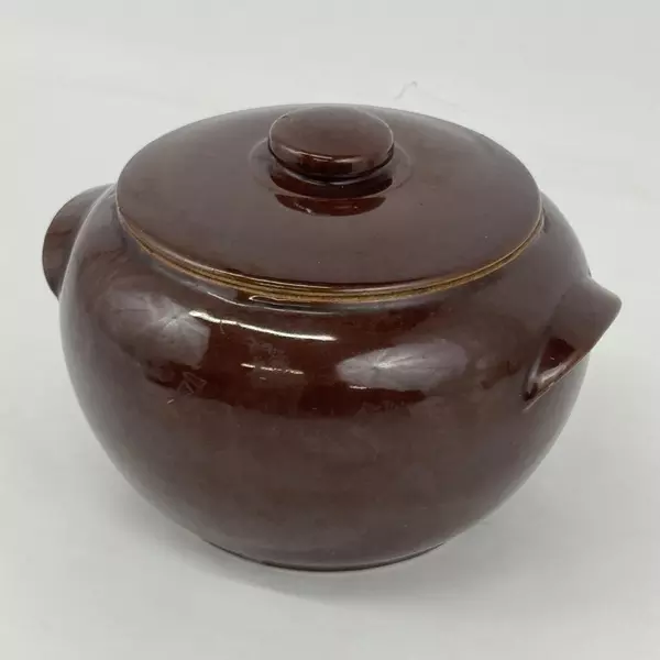 Vintage Brown Bean Pot  Made in USA With Double Handles Lid