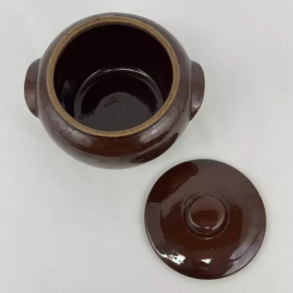 Vintage Brown Bean Pot  Made in USA With Double Handles Lid