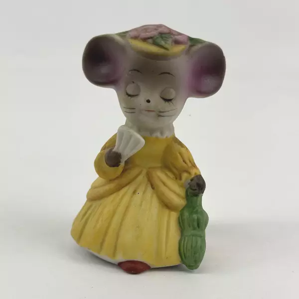 Vintage Ceramic Victorian Style Female Mouse Figurine With A Parasol and Fan