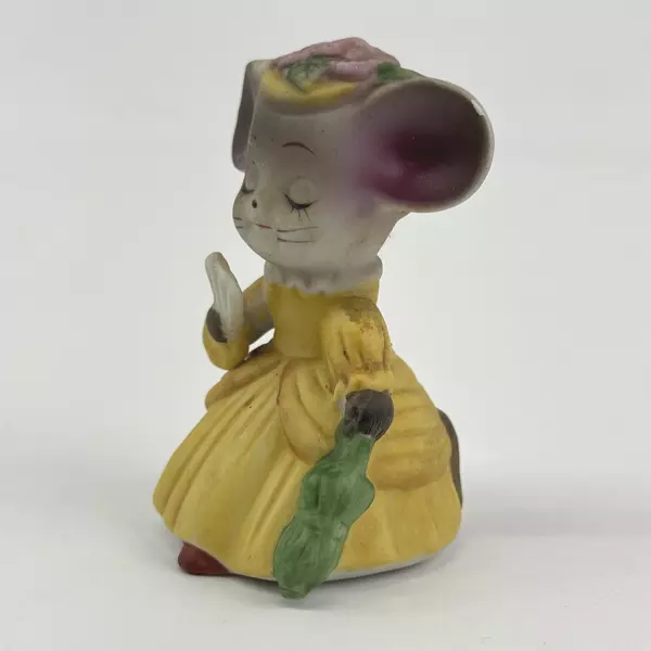 Vintage Ceramic Victorian Style Female Mouse Figurine With A Parasol and Fan