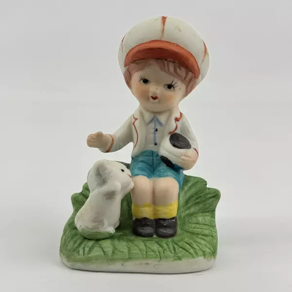 Vintage Boy With Kitten Ceramic Figurine