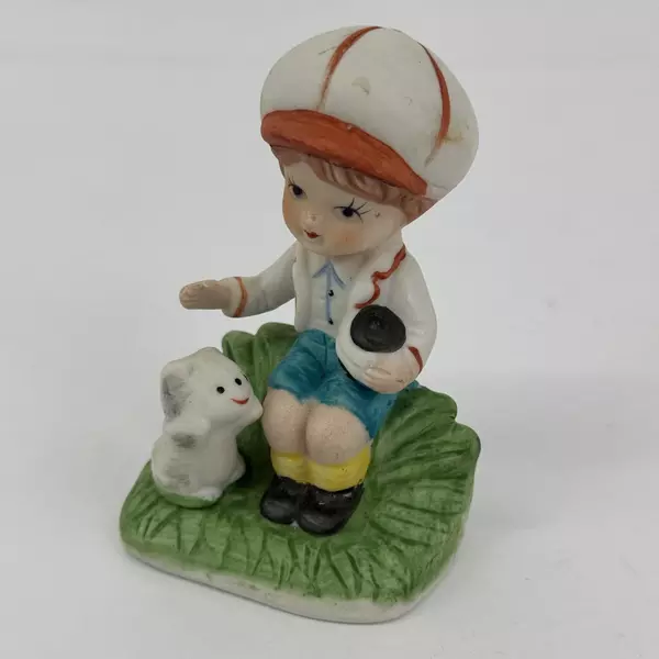 Vintage Boy With Kitten Ceramic Figurine
