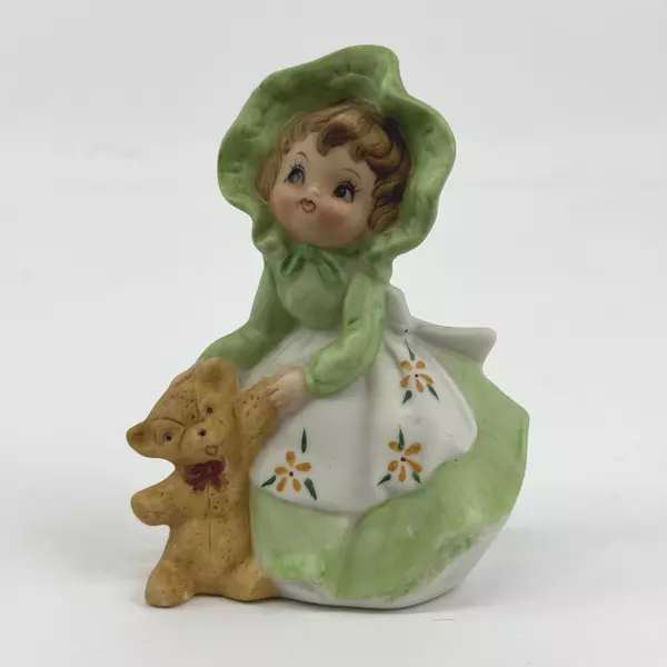 Vintage Girl In A Green Dress Cap & White Floral Apron w/ Teddy Bear Figurine