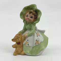 Vintage Girl In A Green Dress Cap & White Floral Apron w/ Teddy Bear Figurine