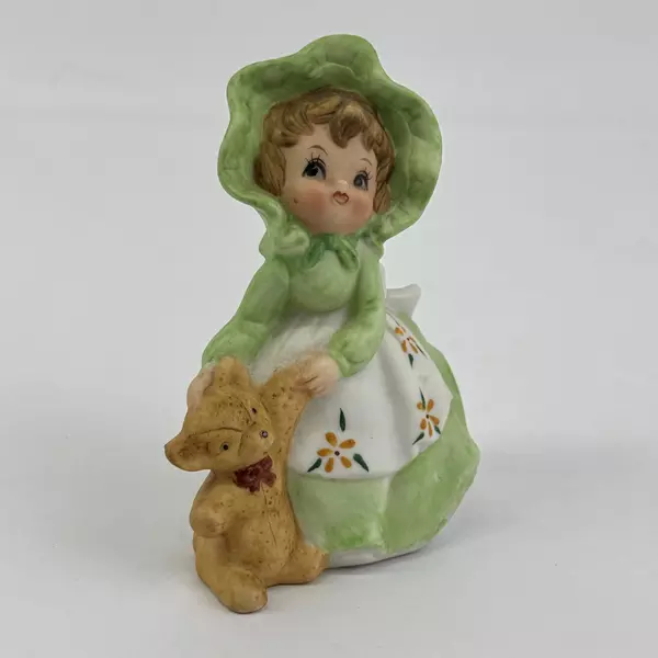 Vintage Girl In A Green Dress Cap & White Floral Apron w/ Teddy Bear Figurine