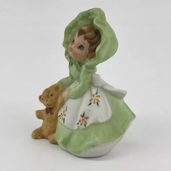 Vintage Girl In A Green Dress Cap & White Floral Apron w/ Teddy Bear Figurine
