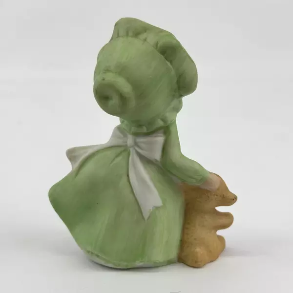 Vintage Girl In A Green Dress Cap & White Floral Apron w/ Teddy Bear Figurine