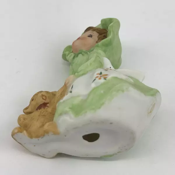 Vintage Girl In A Green Dress Cap & White Floral Apron w/ Teddy Bear Figurine