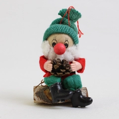 Vintage Handmade Wooden Christmas Elf Gnome Ornament
