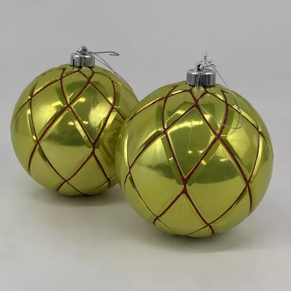 2 Shatterproof Christmas Ball Ornaments Chartreuse w/ Red Glitter Net Pattern